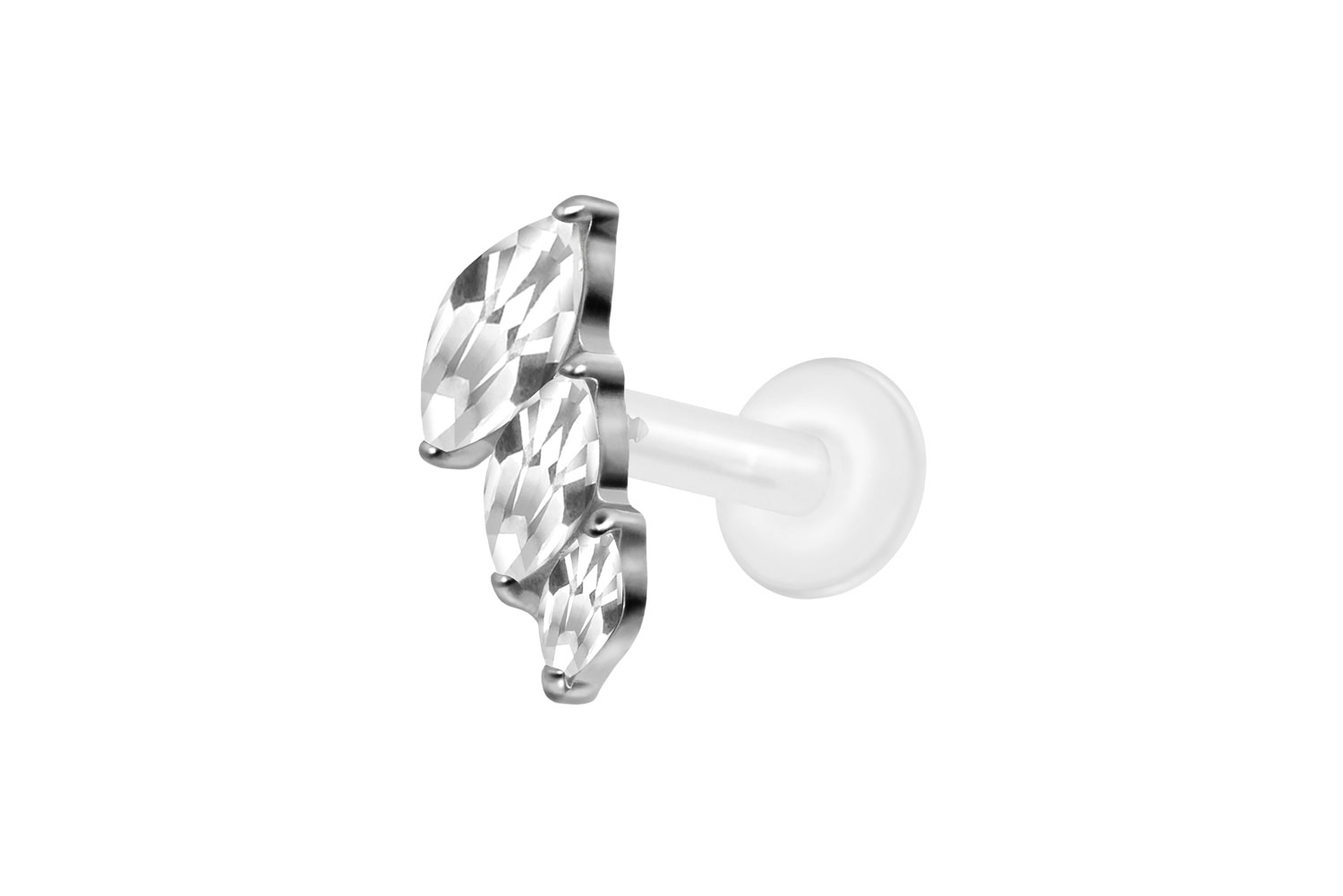 PTFE Labret Piercing mit Innengewinde + Titan-Aufsatz 3 EINGEFASSTE KRISTALLTROPFEN